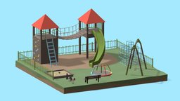 Playground fence, bucket, castle, bench, kid, toy, exterior, area, children, gym, spring, swing, play, park, rider, go, public, playground, round, merry, jungle, sandbox, isometric, shovel, playhouse, playpark, lowpoly