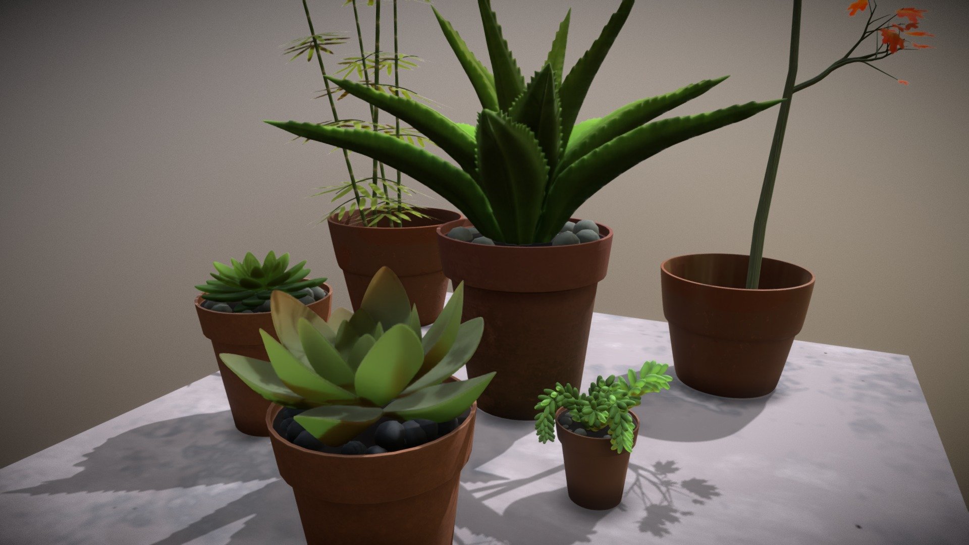 A set of plants to decorate your interior or exterior scene. Each plant has its own unified texture maps including diffuse, rough and normal.

The additional zip file contains four zipped packages in obj, collada, FBX and Sim format.  Sim is the native format of Simlab Composer 3d model