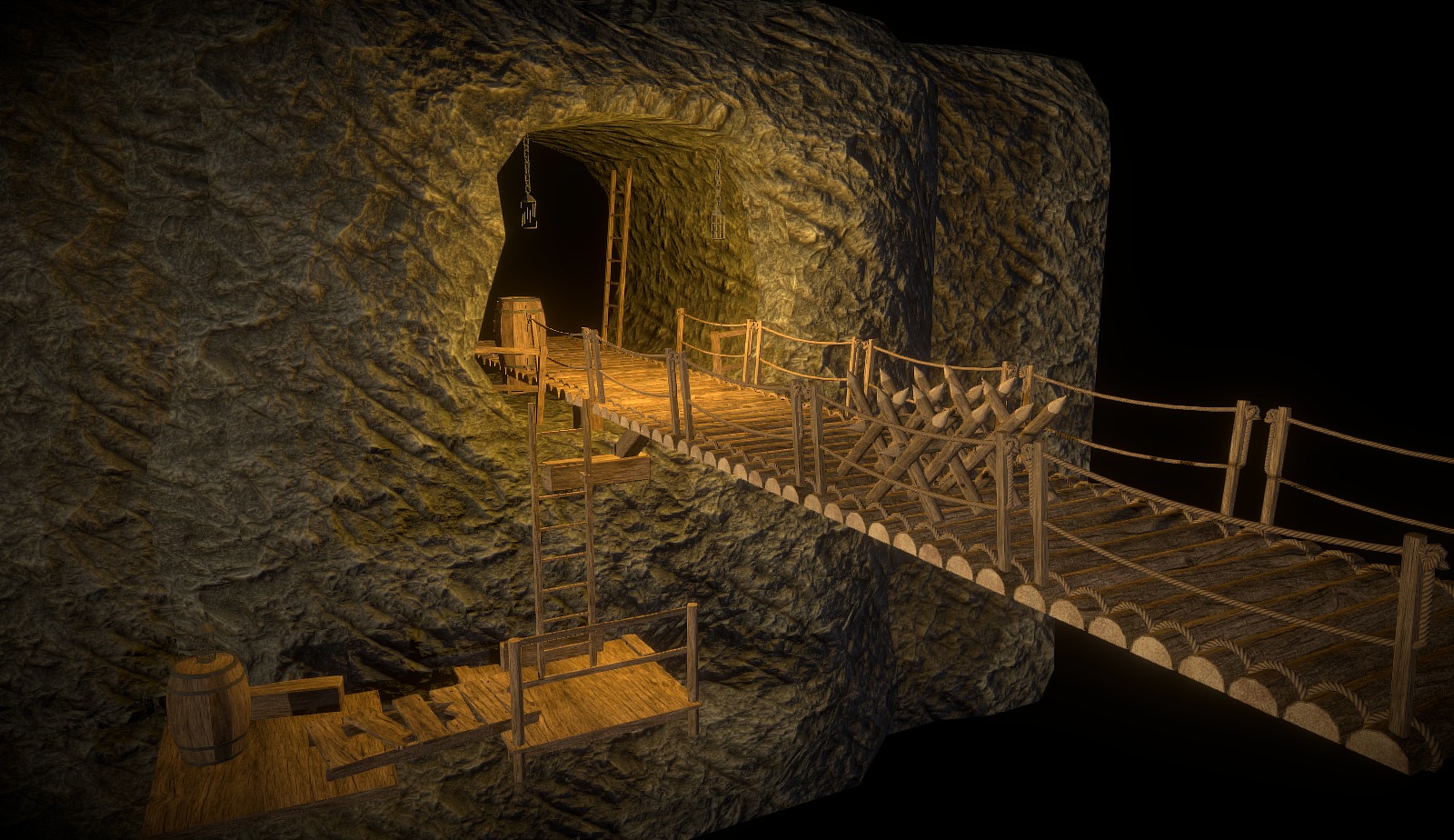 An example cave and bridge scene built with the assets from Wood Fortress - -link removed-#!/content/46729 - Cave Bridge Diorama - Wood Fortress Asset Kit - 3D model by meshy.guru (@meshyguru) 3d model