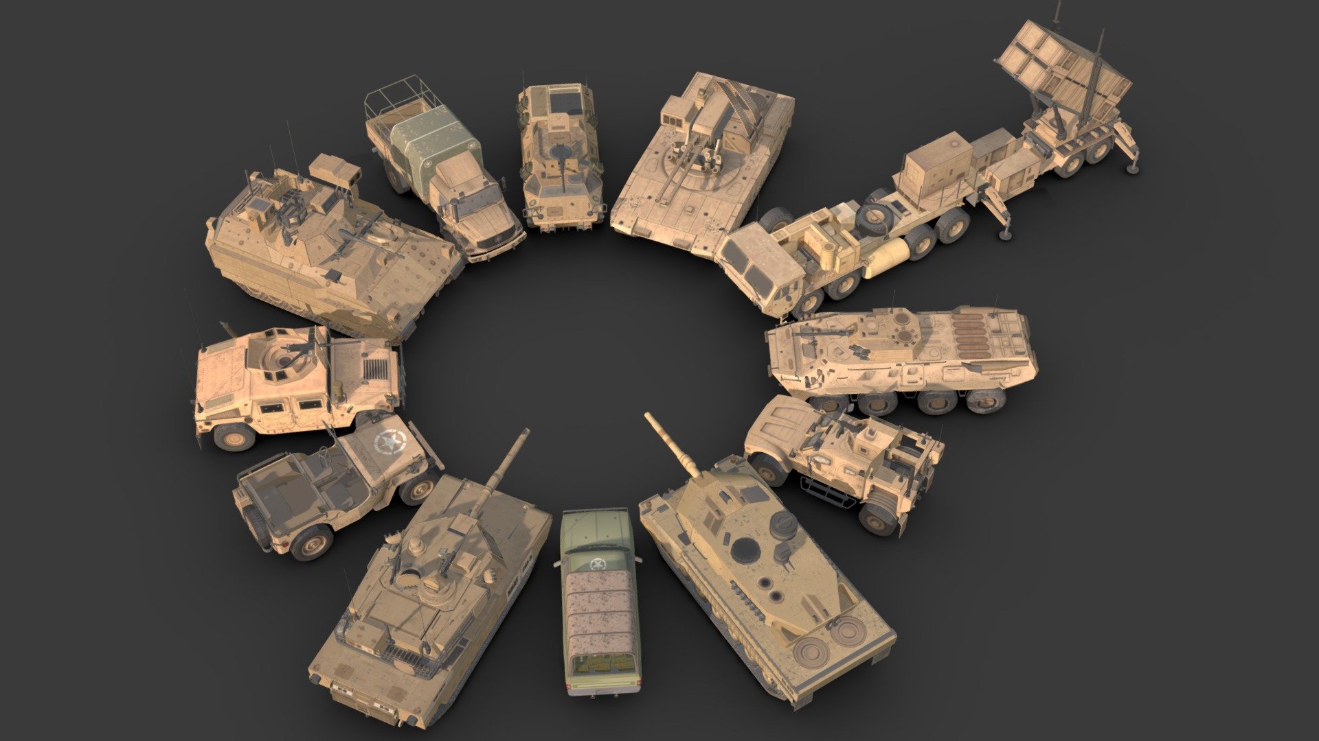 Military army collection

*This package contains 12 models of the world's military armies. This package has low cost and high quality.

Low-poly

Formats .( FBX).

Average Polygons : 15,000

Average Vertices : 15,000

Textures : 4096*4096

High quality texture.

The parts of each model are separate and you can shake them.
 - Military Army Pack - Buy Royalty Free 3D model by Sidra (@sajadrabiee.1994) 3d model