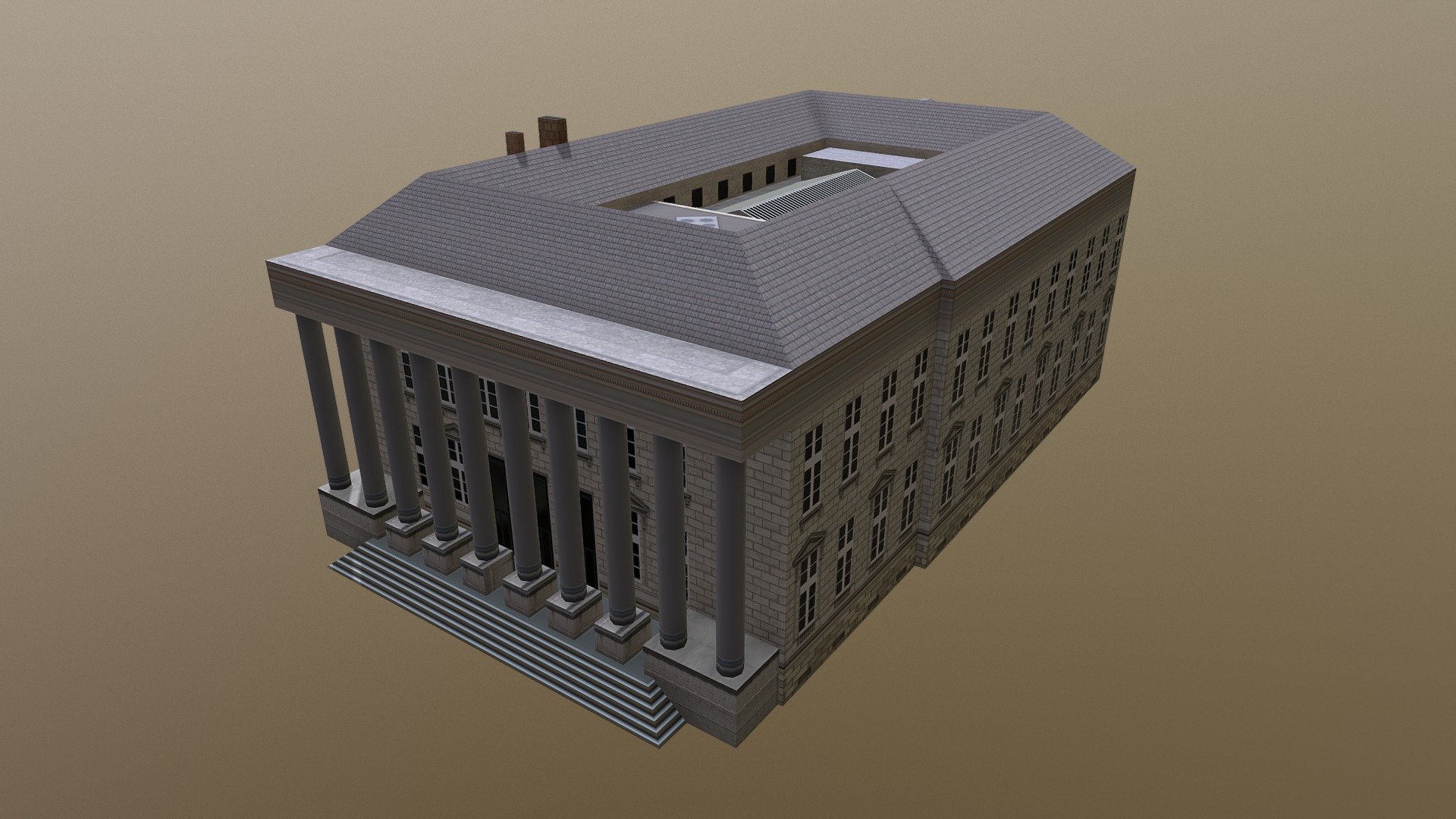 You can buy this 3D Model here - -link removed-  Low-Poly 3D Model of the Palais de la Bourse. This is a building on place du Commerce in Nantes, France, begun at the end of the 18th century and completed in the 19th century. It was rebuilt at the end of the 20th century to house a branch of Fnac 3d model