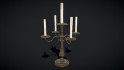 Ornamented Five Point Candelabra wax, medieval, architectural, flame, antique, candle, candles, candlestick, decor, models, candlelight, melting, unrealengine, wick, various, additional, lowpoly, home, decoration, halloween, interior, light