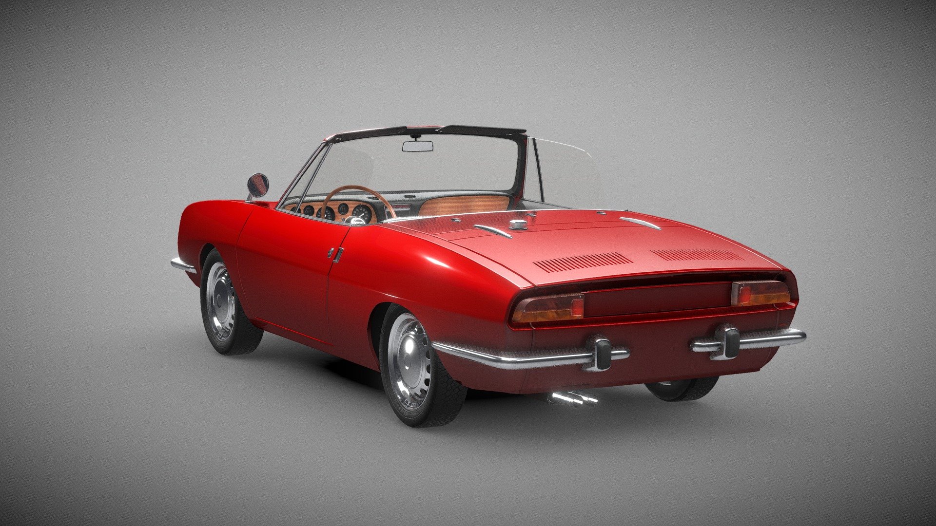 At the same time as the Coupé, Fiat also introduced the convertible sporty two-seater Spider, with the original 843 cc engine tuned to produce 49 hp (37 kW) which allowed it to reach a top speed of 145 km/h (90 mph). The body was designed and built by Bertone.

Modeled in Blender - Fiat 850 Spider - Download Free 3D model by Lucas Soler (@lucassoler) 3d model