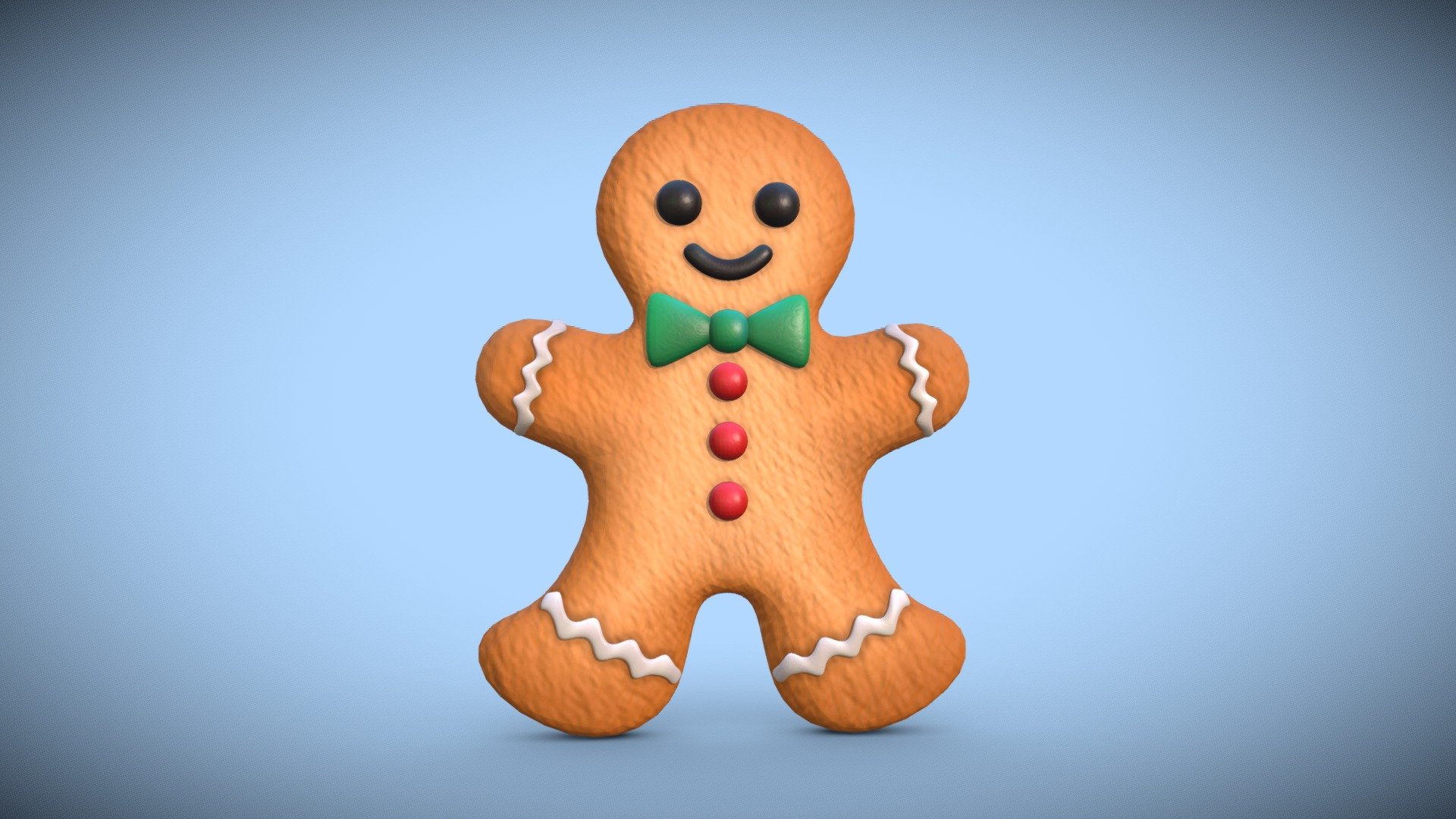 Christmas gingerbread man cookie modeled and rendered in blender.

The model is composed of 6 objects.

I gave all the objects vertex colors that I finally baked into a texture image, I also used
two different textures for the bump.

Happy Holidays!! 3d model