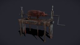 FirePit_With_Piggy food, pig, meat, medieval, fire, cooking, roast, coals, pig-receiver, medieval-decor