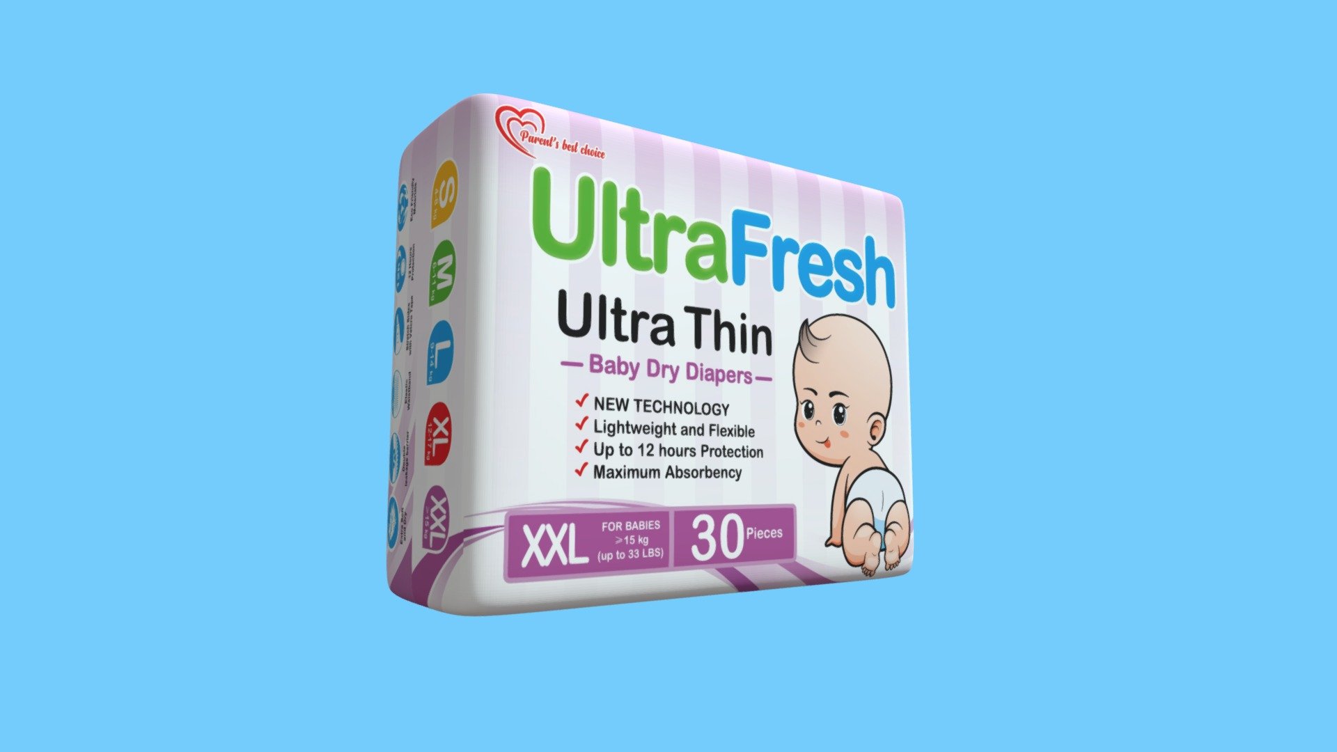ULTRAFRESH Ultra Thin Diaper Features

PREMIUM FABRIC Diaper that breathes and  your Baby barely feels it.

ULTRAFRESH is NOT JUST YOUR ORDINARY diaper.




New Technology
    2mm Ultra thin which means half thick as traditional diapers.

    Lightweight and Flexible to accommodate your baby's free movements 
    Enlarged elasticized waistband with additional stretchy side for a better snug fit for active babies. 
    No bulge nor sagging when full. 
    Minimum bulk for babies between legs
    Less shelf space at home or everywhere!
    Perfect for tropical weather

Performance
    High Absorption capacity suitable for day and night use 
    Restricting the liquid back through in the reverse direction (wet-back)
    Rapid acting Dryness that keeps moisture away from baby’s skin helping to  prevent diaper rash.
    Re-attachable Velcro tape in any condition.
    Soft Materials that resemblance to a cotton underwear
 - XXLarge UltraFresh Ultra Thin Taped Diaper - Download Free 3D model by UltraFresh Ultra Thin Diaper (@Ultrafreshph) 3d model