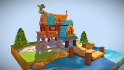 Environment Scene: Cartoon House tree, scene, green, sculpt, plant, landscape, z, terrain, land, paint, gfx, rocks, roof, dock, ps4, window, deck, tiles, psd, water, max, rooster, isometric, teree, cartoon, game, low, poly, zbrush, 3ds, stylized, video, wow, hand, environment