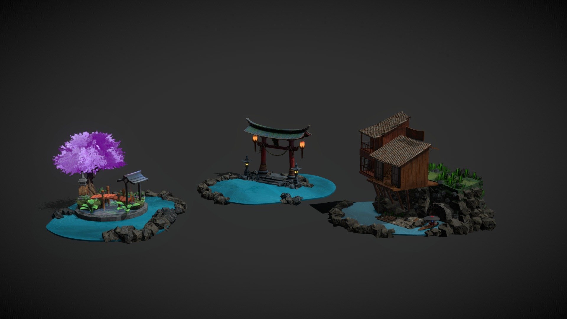This is a project based on the ancient water city Feng Huang. It consists of three little scenes and a Character as a Narrator. 
the first Scene is the Narrators Home and Lobstershop. The second one is a giant Torii Gate that is tje entrance to Feng Huang (this part is fictional) and the last Scene is a little prayer ground that resembles a bit of the culture 3d model