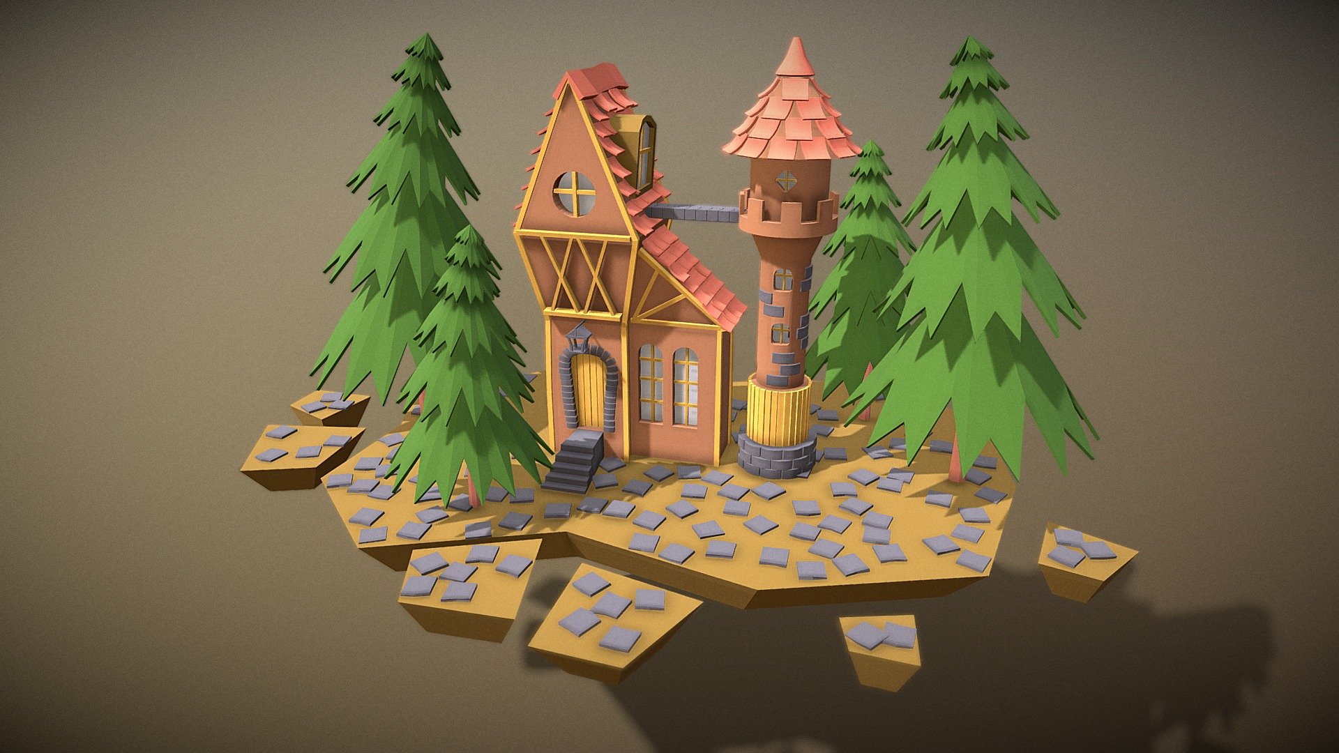 A fabulous cartoon house with a tower, a flying island - Fantasy house, a flying Island - Download Free 3D model by CGulia 3d model