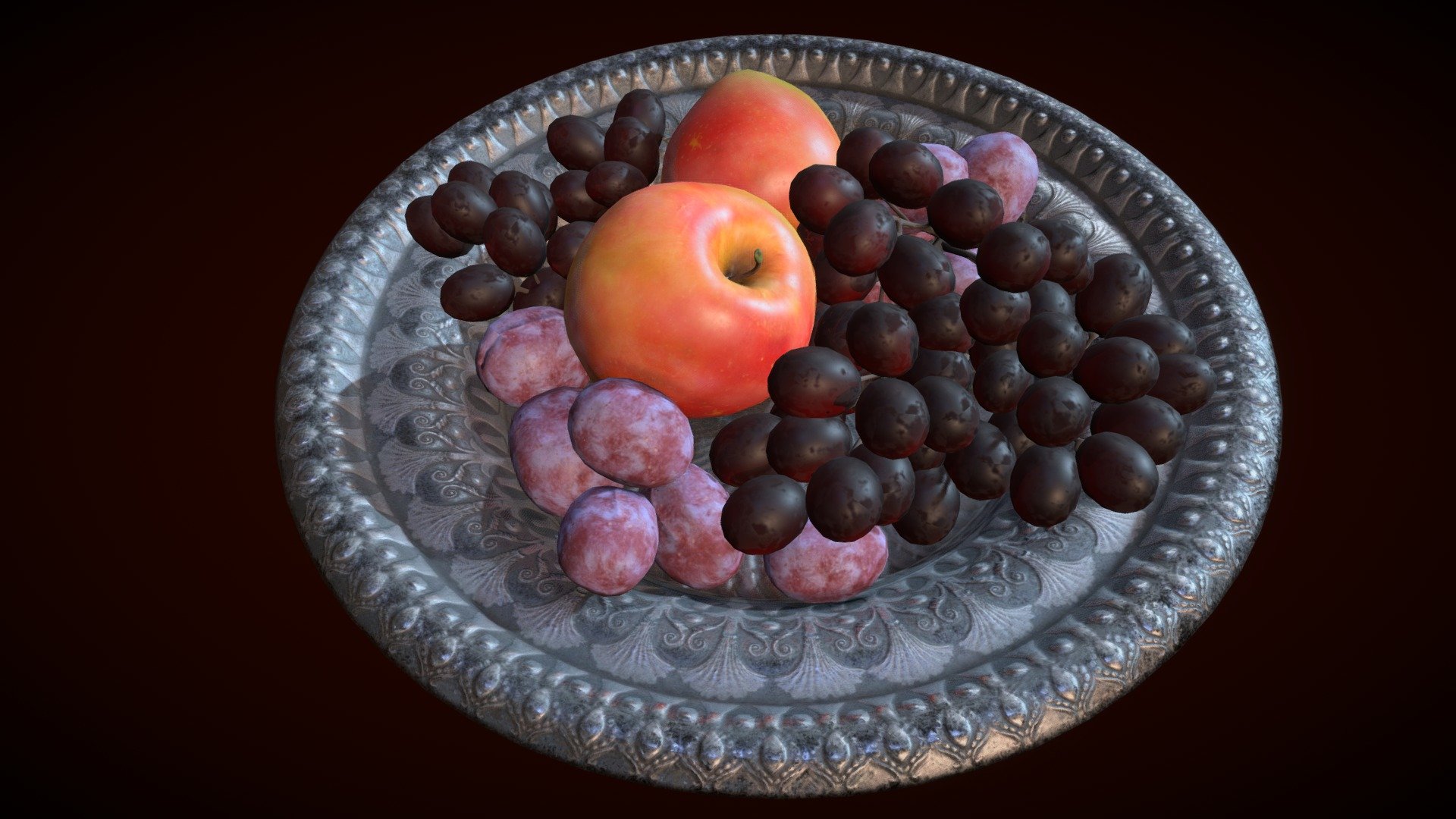 A victorian era fruit plate from my victorian still life.
It was done in Blender, Substance Designer, Substance Painter and 3D Coat.
To create the engravings on the plate, I modeled and rendered the shapes in Blender as a height map and used them as a brush in sculpt mode with radial symmetry in Blender and as an alpha with radial symmetry in Substance Painter.

The translucency material for the grapes was a little tricky in realtime render engines and since I didn't like the SSS result in Sketchfab, I used refractive opacity to fake the translucency 3d model