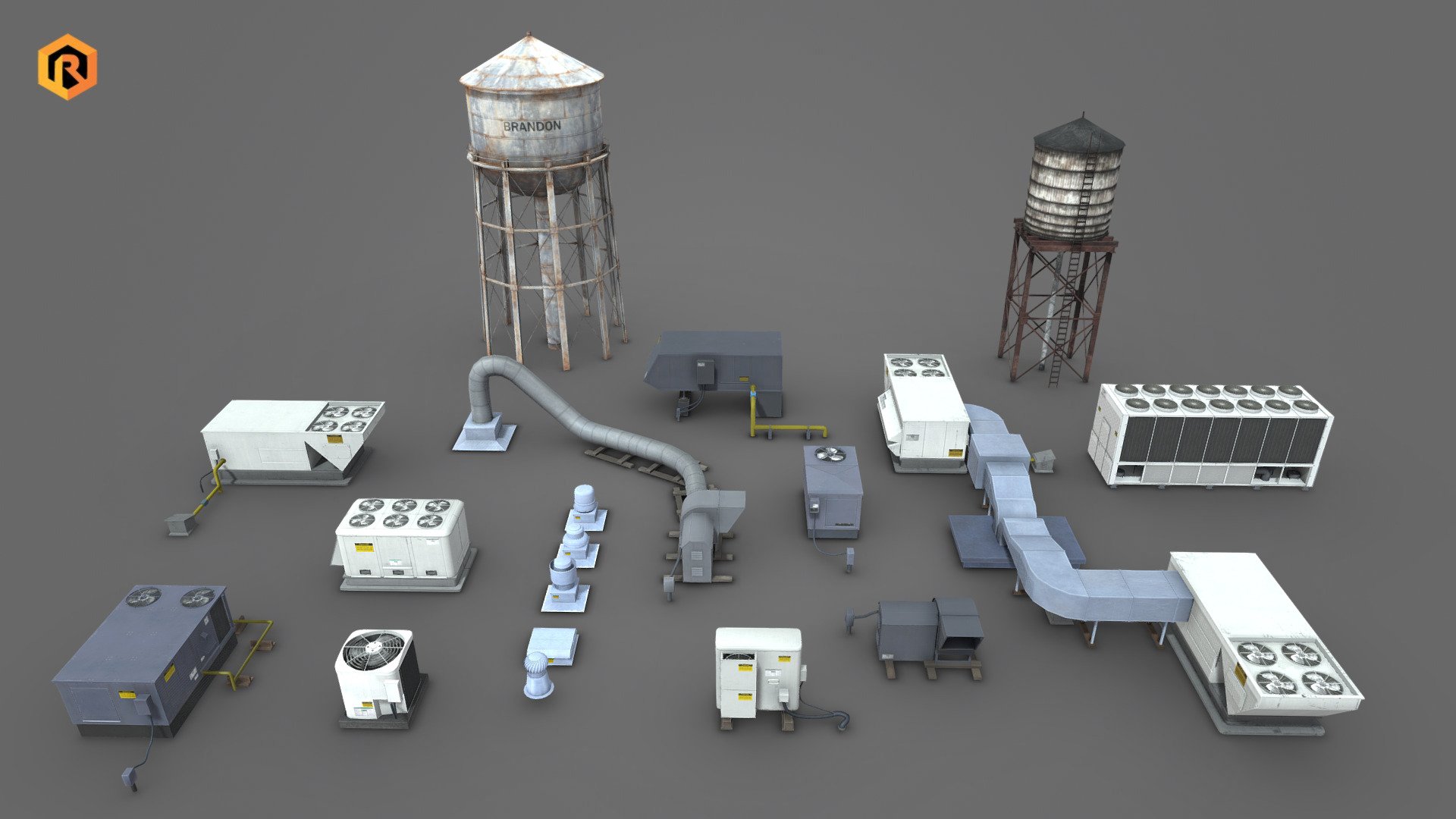 The collection of 16 HVAC low-poly 3D models with additional 2 water towers.  HVAC stands for Heating, Ventilation, and Air Conditioning.

Models are best for use in games and other VR / AR, real-time applications such as Unity or Unreal Engine.

Technical details:




Each object uses its own Diffuse and AO texture (mostly from 1024 up to 2048).

The number of triangles ranges from 312 to 7204.

Models are correctly divided into main body and fans.

Models are completely unwrapped.

Pivot points are correctly placed to suit the animation process.

Models are scaled to approximate real-world size (centimeters).

All nodes, materials, and textures are appropriately named.

Lot of additional file formats included (Blender, 3D Studio Max, Unity, fbx etc.)

More file formats are available in additional zip file on product page.

Please feel free to contact me if you have any questions or need any support for this asset.

Support e-mail: support@rescue3d.com - HVAC Models Collection - Buy Royalty Free 3D model by Rescue3D Assets (@rescue3d) 3d model