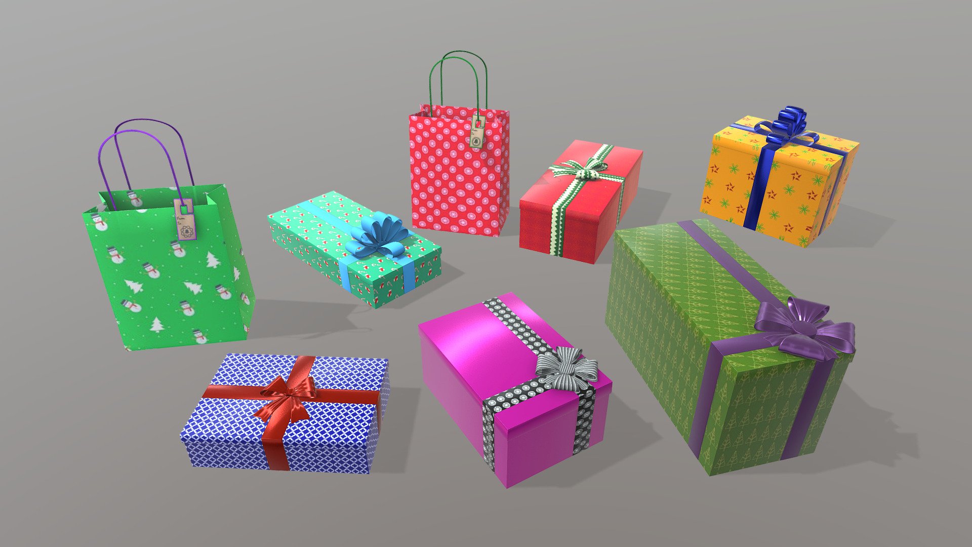 Gift Boxes Pack
(Real proportions).


The object is a unique mesh and one single material. 
The pivot point is centered at the base of the mesh (0.0.0). 
The topology is quad-based. 
There are no ngos in the mesh. 
All texture file names are prefixed with the object name, followed by the default PBR texture name. 
Game Ready. 
There is a zip file with .blend, .obj and .fbx and  textures. 

*If you need any texture or mesh adjustments, let me know 3d model