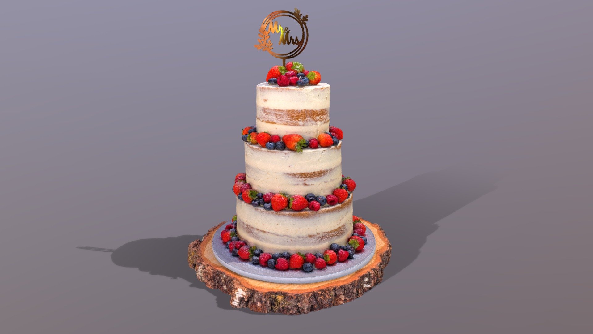 3D scan of a Rustic Semi Naked Berry Wedding Cake on the wooden log slice with Mr&amp;Mrs cake topper which is made by CAKESBURG Online Premium Cake Shop in UK. You can also purchase actual cake from this link: https://cakesburg.co.uk/products/naked-wedding-cake?_pos=1&amp;_sid=934af8144&amp;_ss=r




Cake Textures 4096*4096px PBR photoscan-based materials (Base Color, Normal, Roughness, Specular, AO)

Wooden Log Slice Textures 4096*4096px PBR photoscan-based materials (Base Color, Normal, Roughness, Specular, AO)

Mr&amp;Mrs Cake Topper has just golden material
 - Semi Naked Berry Wedding Cake on Wooden Slice - Buy Royalty Free 3D model by Cakesburg Premium 3D Cake Shop (@Viscom_Cakesburg) 3d model