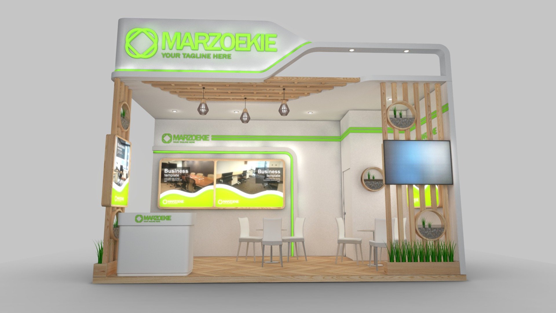 exhibition stand design 3D model
18sqm / 6x3m
2 Open side view
Unit:cm

Format:
1. Autodesk 3Ds max 2018 / V-ray 3.6 render
2. Autodesk 3Ds max 2015 / Default scanline render
3. Obj format (2)
4. Fbx format (2) - EXHIBITION STAND MRZ - Buy Royalty Free 3D model by fasih.lisan 3d model