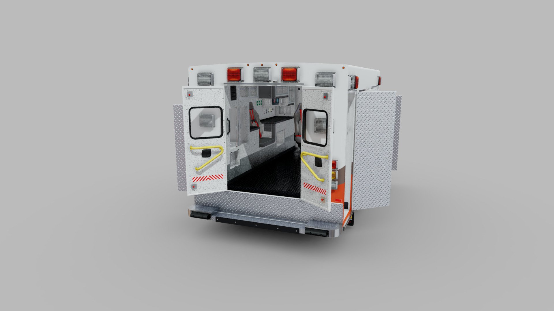 Braun ambulance 3D model displaying the exterior and interior design of this emergency vehicle, showcasing the structured layout and functional design elements common in modern emergency medical service vehicles. The model provides a comprehensive view of the ambulance, reflecting the real-world appearance and functionality that these vehicles carry in their day-to-day operation in emergency medical response scenarios 3d model
