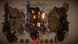 Watchmakers Shop steampunk, pipe, flying, clock, dwarf, pipes, clockwork, clockwerk, burn, exhaust, clocks, house, stylized, fantasy, workshop
