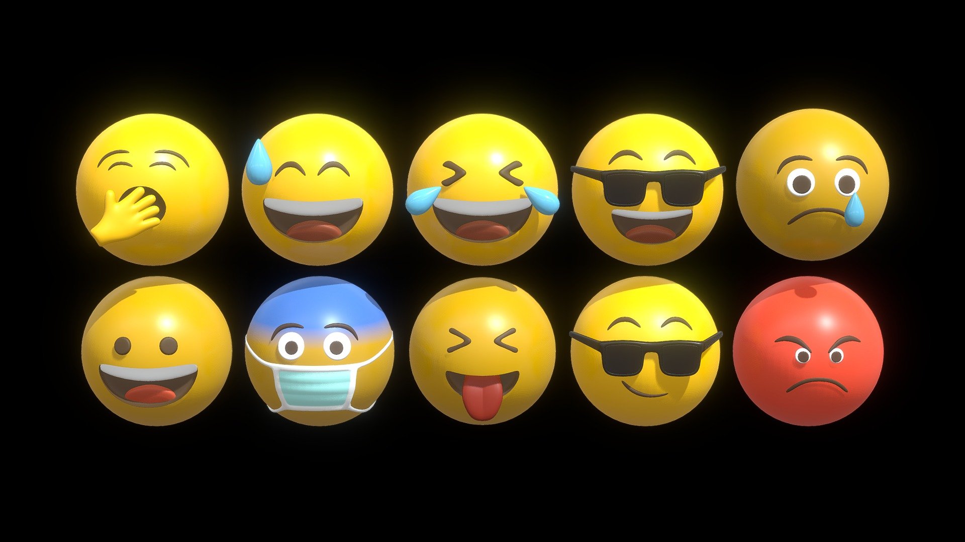 Emoticon List :
1. Cooler Than You
2. Awkward
3. Yawning
4. Laugh Out Loud
5. Smile
6. Smirking Cool
7. Wearing Mask
8. Angry
9. Tongue Out
10. Sad with Tears

For TEXTURE include the DIFFUSE AND ROUGHNESS, but if want to tweak the color it's just using the principled bsdf in the blender file

each Emoticon exported to an FBX, OBJ, DAE, GLB/GLTF and STL format

in the blender file i just included the lighting setting for rendering just like the preview image - 10 Emoticon Yellow Ball Pack Part 1 - Buy Royalty Free 3D model by pakyucangkun 3d model