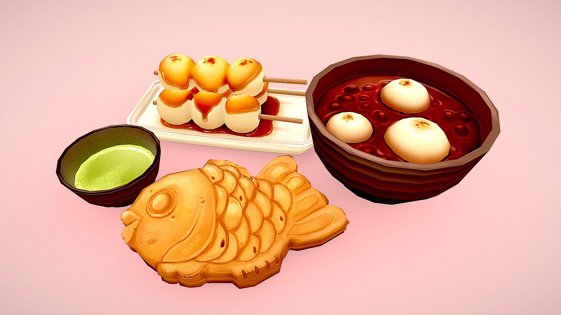 Hey lads ! Here is the second entry for my 2023 inktober challenge. 
I’m trying to do handpainted food assets, modeled in Blender and textured in Substance Painter. The prompt for this one is “BEAN”. It's inspired by some of my favorite japanese dessert; taiyaki, dango and zenzai 😊 Hope you'll like it ✨✨

See y’all for the next entry; “KEY” - Chill-tober #2 - Wagashi - 3D model by eri-se 3d model