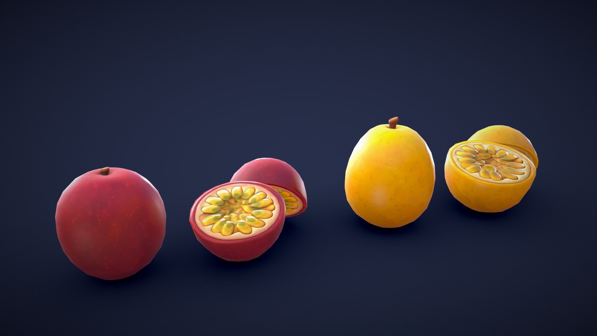 This asset pack contains 6 different passion fruit meshes. Whether you need some fresh ingredients for a cooking game or some colorful props for a supermarket scene, this 3D stylized passion fruit asset pack has you covered!

Model information:




Optimized low-poly assets for real-time usage.

Optimized and clean UV mapping.

2K and 4K textures for the assets are included.

Compatible with Unreal Engine, Unity and similar engines.

All assets are included in a separate file as well.
 - Stylized Passion Fruit - Low Poly - Buy Royalty Free 3D model by Lars Korden (@Lark.Art) 3d model