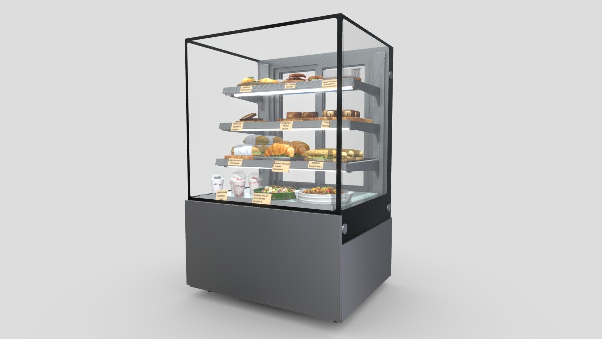 This model is a representation of a food showcase in a cafeteria called Little Olive Leaf Café located in Carawatha Park in Australia.
FD4T0900A | 4 Tier 900mm Ambient Food Display
Bromic FD4T0900A 900mm Ambient Food Display offers a stylish, purpose-built solution for displaying cakes and delicacies at ambient temperature.
 beautiful stainless steel finish offers a modern, sophisticated look that would complement any interior decor.

DIMENSIONS
W900mm x D740mm x H1360mm
VOLUME
417L

this showcase contains 11 food dishes
chicken empanadas
Blt bagels toasted
Baked mexican eggs served with sourdough
Banana + coconut bread
Chickpea pattie vegan
Tuna pattie
Tomato spincach + cheese croissant
Mediteran veg panini
Cheese salad roll
home made granola cups
Summer salad with fennel orange &amp; sunflower seeds - Bromic Ambient Food Display 90 cm - Buy Royalty Free 3D model by raptor3 3d model