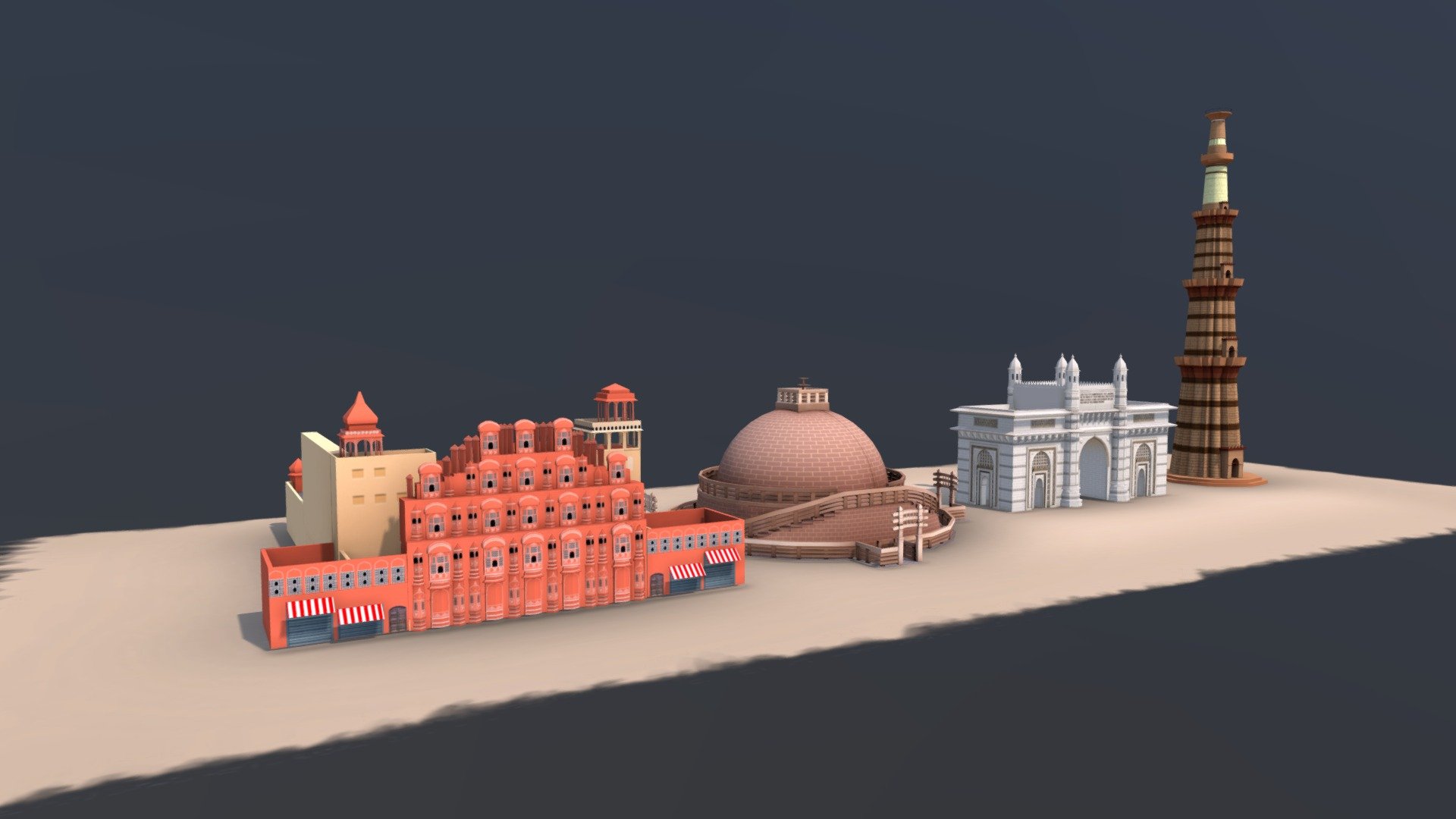India Mounuments with hand painted texture.
Qutub minar.
Gate ways of india
Sanchi stupa.
hawa mahal.
Please let me know if you want to buy any of these 3d model