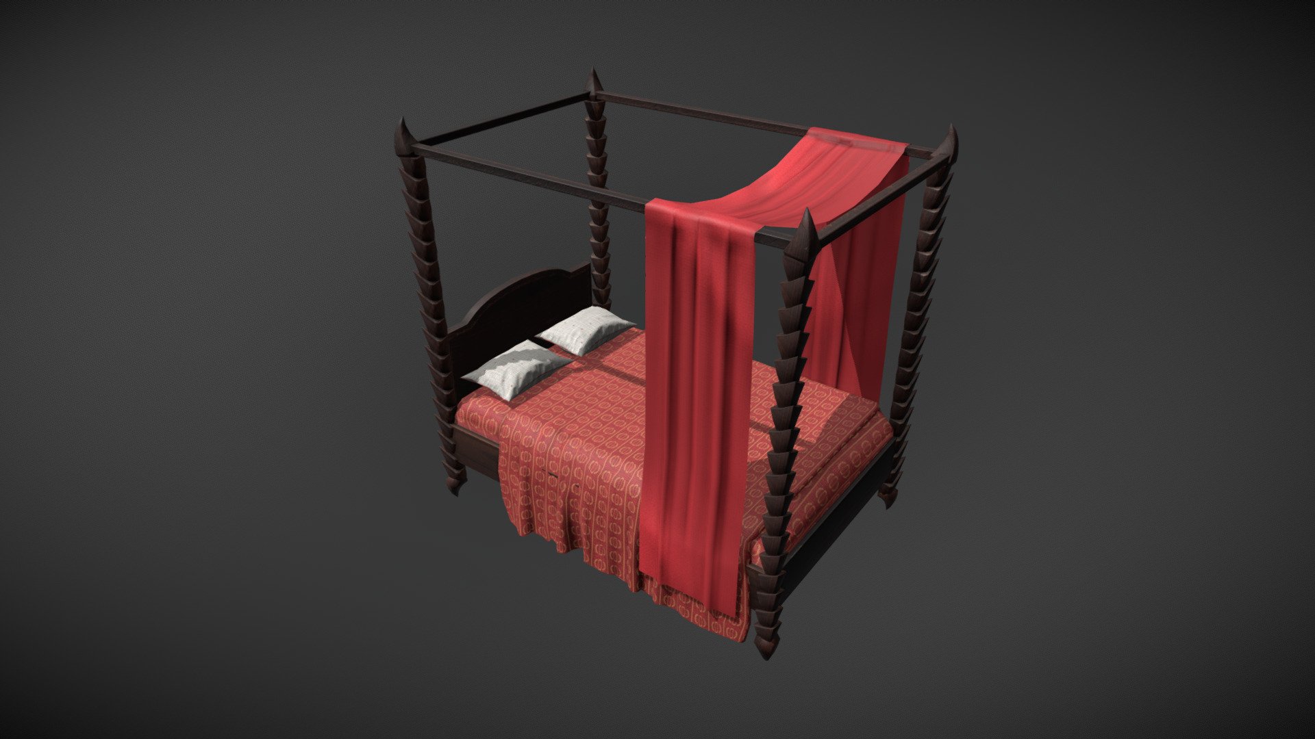 A canopy bed for the upcoming model pack. The bedposts and curtains are separate meshes, so the bed can be used without them too. Curtain is ready for cloth simulation in Unity 3d model
