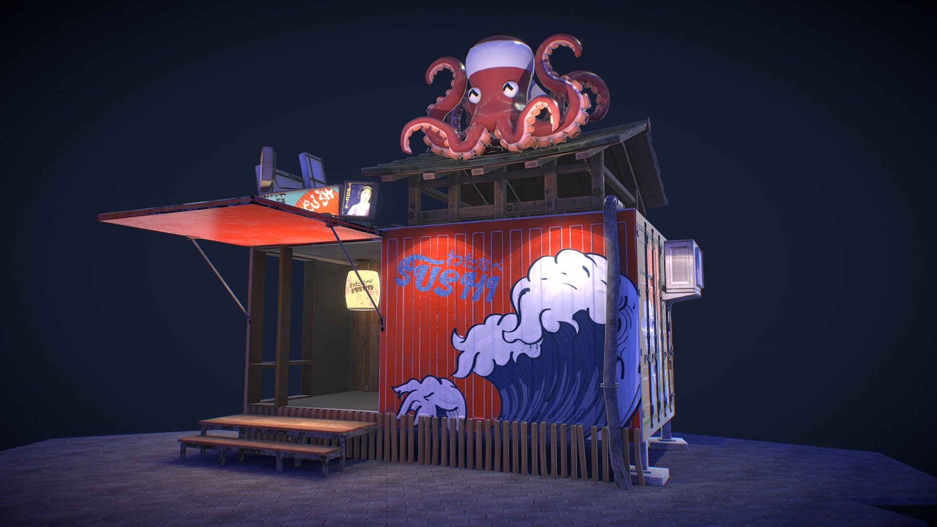 There it is, i have finally made the interior of my container restaurant. It is small but welcoming, drop by and have a bite ! - 🌸 Night Container Izakaya 🌸 - 3D model by Titank (@Titank_Crealis) 3d model