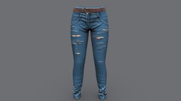 Female Casual Ripped Denim Pants , fashion, girls, clothes, pants, with, jeans, realistic, real, casual, belt, womens, torn, ripped, wear, denim, pbr, low, poly, female, blue