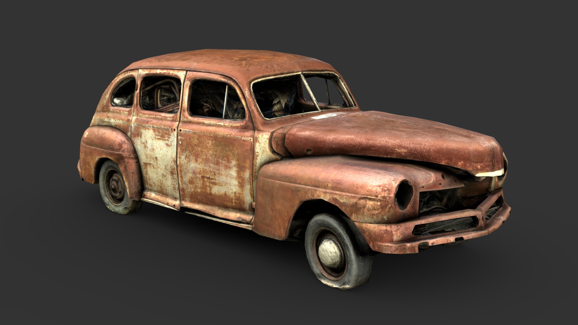 This car's missing so many pieces that it's unidentifiable. Made from a 3D scan, and turned into a gameready piece as practice.

Retopologized in Topogun and 3DSMax, texture tweaking and baking done in substance painter 3d model