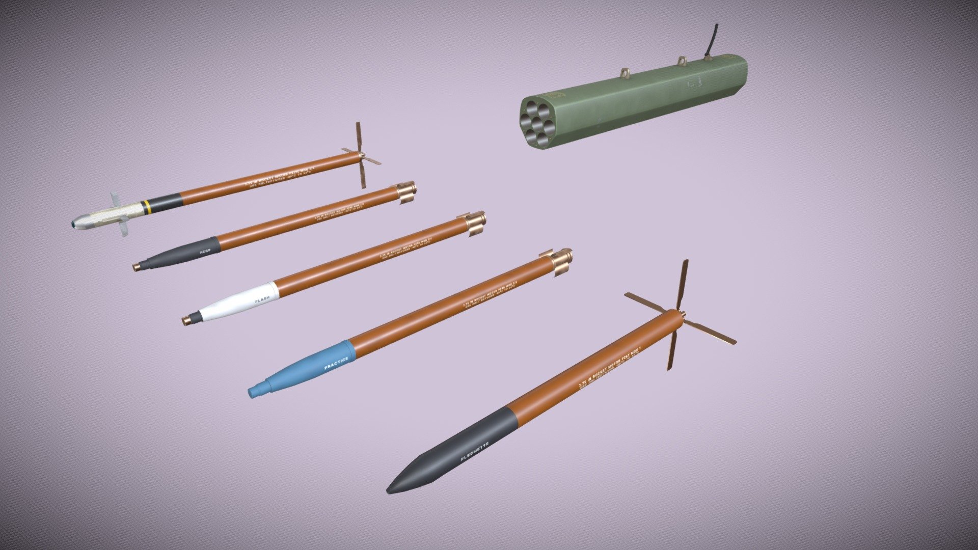FZ220 is a lightweight composite material high-drag, straight cylindrical 7-tube reusable launcher designed for helicopter use.

File formats: 3ds Max 2021, FBX, Unity 2021.3.5f1


This model contains PNG textures(4096x4096):


-Base Color

-Metallness

-Roughness


-Diffuse

-Glossiness

-Specular


-Emission

-Normal

-Ambient Occlusion
 - Rocket Launcher FZ220 With Missiles - Buy Royalty Free 3D model by pukamakara 3d model
