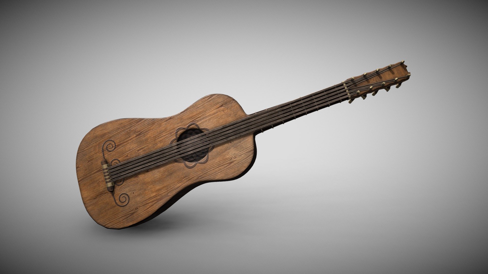 The Baroque guitar replaced the Renaissance lute as the most common instrument found in the home. The earliest attestation of a five-stringed guitar comes from the mid-sixteenth-century Spanish book Declaracion de Instrumentos Musicales by Juan Bermudo, published in 1555. The first treatise published for the Baroque guitar was Guitarra Española de cinco ordenes (The Five-course Spanish Guitar), c. 1590, by Juan Carlos Amat.

The baroque guitar in contemporary ensembles took on the role of a basso continuo instrument and players would be expected to improvise a chordal accompaniment. Several scholars have assumed that the guitar was used together with another basso continuo instrument playing the bass line. However, there are good reasons to suppose that the guitar was used as an independent instrument for accompaniment in many situations. Intimately tied to the development of the Baroque guitar is the alfabeto system of notation 3d model