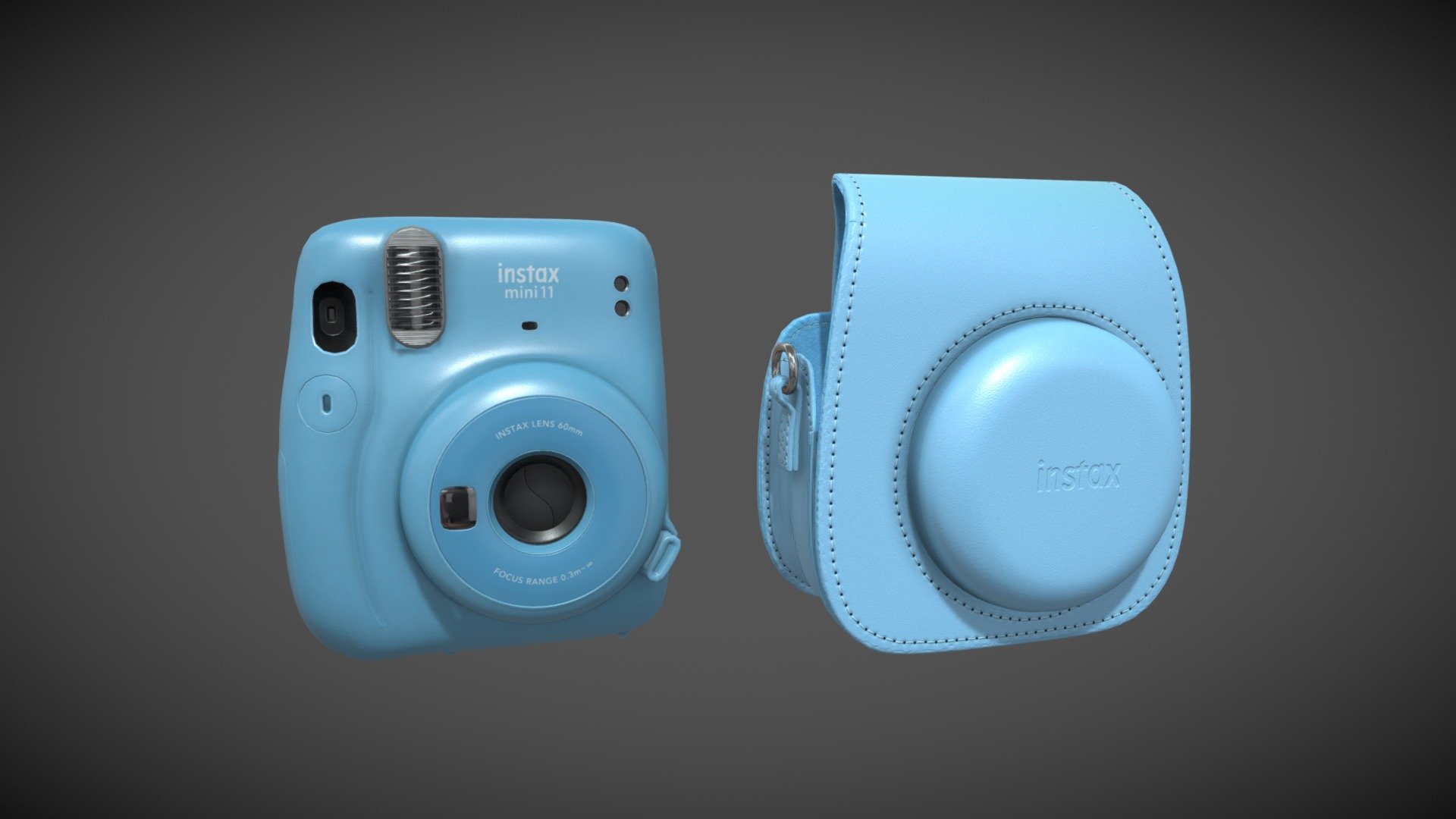 A high poly 3D model of the Instax Mini 11 with all the original accessories and color variations.
Fujifilm doesn't have the color variation of the accessories for the Pastel Green version, so I made it up.

Technical information:





Total Polygons: 50 856.




Camera (with strap): 23 855.

Case (with strap): 25 141.

Other accessories: 1 860.




Materials: 2 main PBR shaders for the camera and 5 additional PBR shaders for the accessories.




4K texture maps: .exr 32 bits and .tif 8 bits - dithering.




The .fbx file contains separated geometries and groups. All geometries and groups are logically named.




The .obj file goes with the .mtl file, all geometries are separated and named.




UVs are non-overlapped.




Real-world scale.




Maya scene included, no plugins were used to create the model.




The straps come with curves for rigging purposes.




Blendshapes included.


 - Fujifilm Instax Mini 11 - 3D model by dyn.cgi 3d model