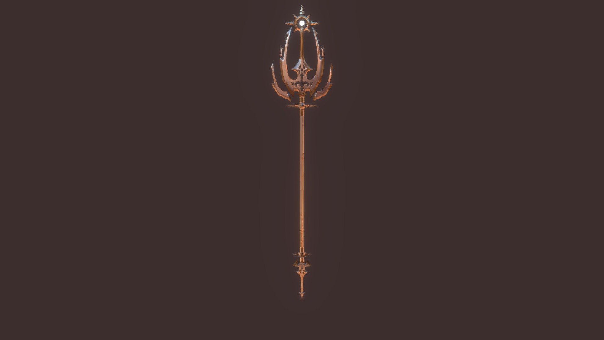 An antient ceremonial royal trident, A divine weapon seemingly having been handcrafted extremely carefully to imbody the appearance and skill of a sun god faithfully worshiped by a fallen native kingdom 3000 years ago. despite its seniority it stayed relatively well preserved in the catacombs of the withered and abandoned kingdom, still emitting a faint glow from the orb seemingly being powered by sunlight conceiving tiny sparks when fully charged, which seems to give the celestial weapon the ability to have the orb go up in flames and disintegrating weak nearby opponents and severely harming and immobilizing stronger of farther away opponents by giving them high degree burns. Even though it was kept far down the people of the kingdom still managed to get sunlight down in the catacombs which was essential since the people of the kingdom believed the weapon to have a direct correlation to the sun, if something happened to the orb or the glow were to dim, so would the sun and so would their god 3d model