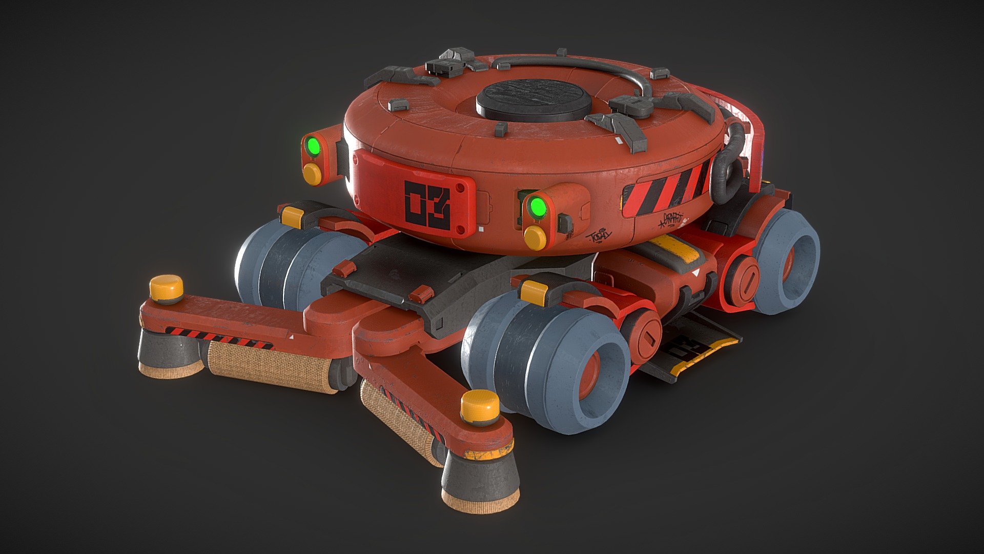 Hello! This is model Cyberpunk City Sweeper was created by concept art of Shaun Mooney (@moons_artwork). I prefered to stain rear shield and body with different graffiti and tags.  This is gameready model is contains 35,5k triangles, 1 texture set 4k. Modelling - Blender, UV - RizomUV and blender addon UVPackmaster, backing - Marmoset, texturing - Substance painter.

My artstation: https://www.artstation.com/pendalf_grey - Cyberpunk City Sweeper - 3D model by Pendalf_Grey (@PendalfGrey) 3d model