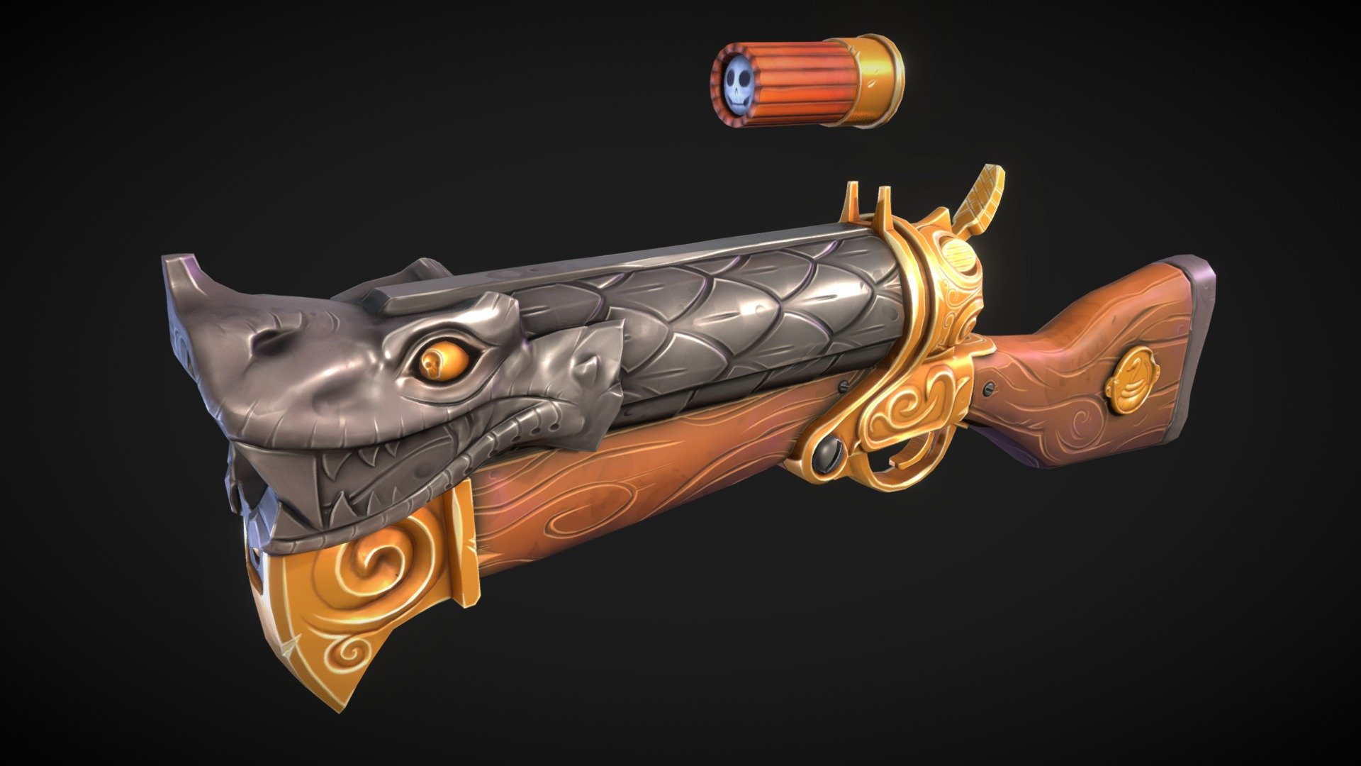 This is a fun side project that I worked on for about a month!

The original concept was created by Daniel Beaulieu:https://www.artstation.com/artwork/JByEn - Dragon's Breath Shotgun - 3D model by Nick Ford (@NickolasFord) 3d model