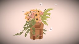 Flower Backpack plant, cute, leather, flowers, bag, pink, backpack, sunflowers, satchel, pottedplant, handpainted