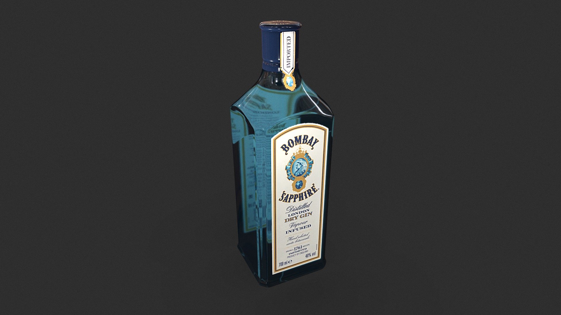 For this third model, I wanted to work on a more atypical shape and the Bombay Sapphire bottle immediately seemed like the ideal candidate with its characteristic blue color, the inlay on the sides of the 10 botanicals infused with alcohol vapors used in the composition of the gin and its label with golden stripes.

Bottle modeled with Blender
Divided into 3 parts
* Bottle with thickness (normal map)
* Liquid inside
* Sticker and bottleneck (roughness map / diffuse map)

More details and screenshots on my IG: https://www.instagram.com/p/CaiKcfkuhjP/ - Bombay Sapphire - Buy Royalty Free 3D model by Gruny (@grunystudio) 3d model
