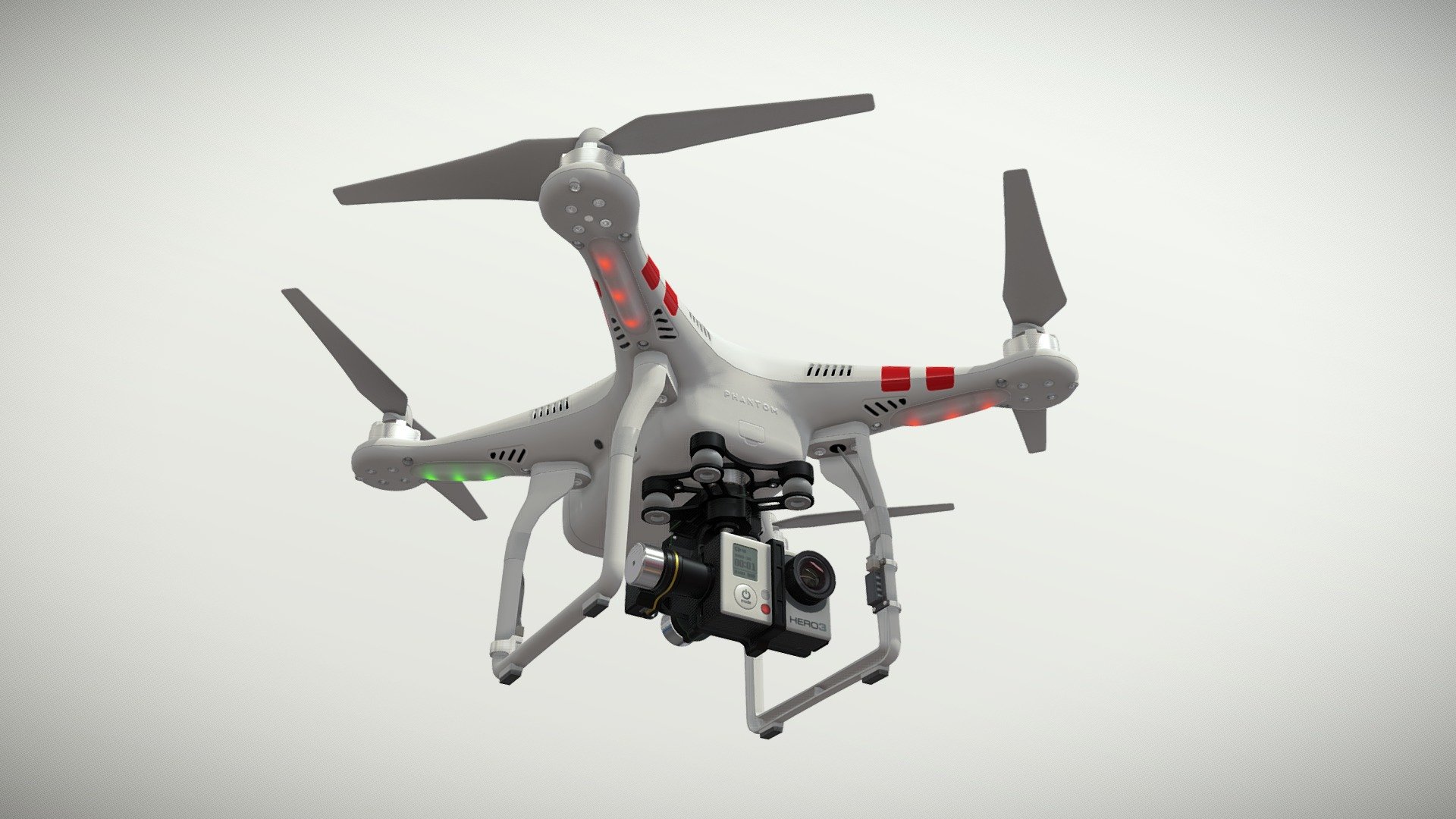 •   Let me present to you high-quality low-poly 3D model DJI Phantom 2 Quadcopter with Zenmuse H4-3D gimbal for GoPro Hero3-4 and GoPro HERO3 action camera. Modeling was made with ortho-photos of real quadcopter that is why all details of design are recreated most authentically.

•    Ease of use consists of a few meshes, it is low-polygonal and it has four materials.

•   The total of the main textures is 14. Resolution of all textures is from 2048 to 4096 pixels square aspect ratio in .png format. Also there is original texture file .PSD format in separate archive.

•   Polygon count of the model is – 24057.

•   The model has correct dimensions in real-world scale.

•   To use the model in other 3D programs there are scenes saved in formats .fbx, .obj, .DAE, .max (2010 version).

Note: If you see some artifacts on the textures, it means compression works in the Viewer. We recommend setting HD quality for textures. But anyway, original textures have no artifacts 3d model
