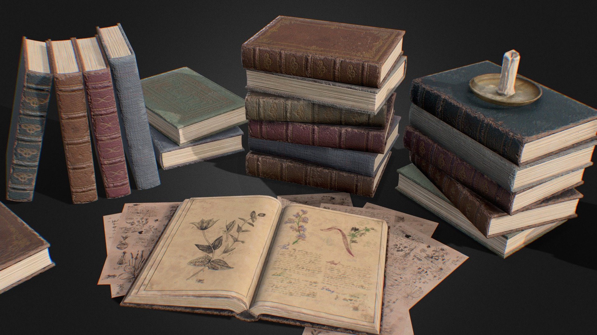 A collection of old, victorian-inspired books and paper notes - Victorian Books - Download Free 3D model by Matthew Collings (@mtcollings) 3d model