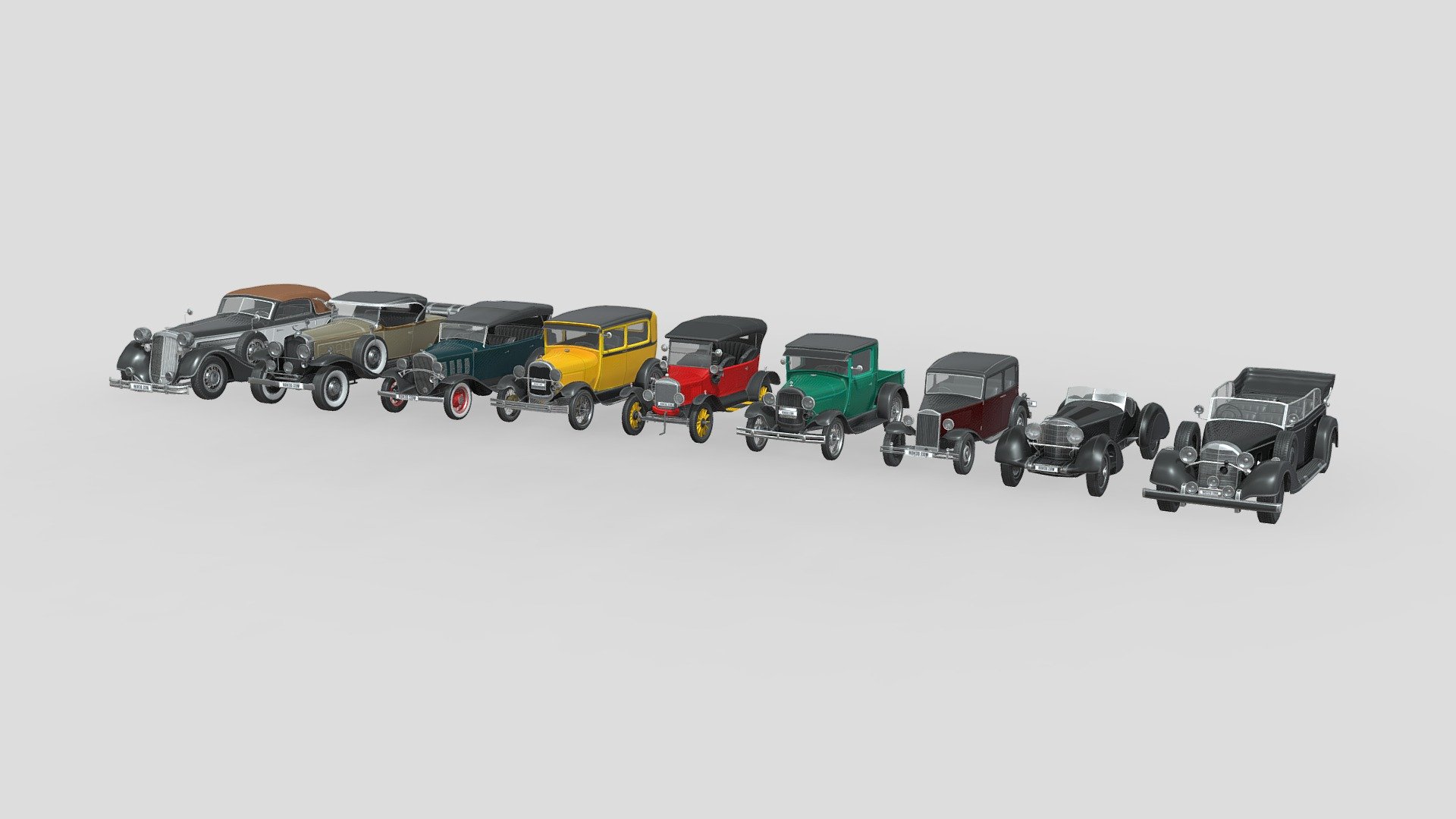 This models pack contain 9 different cars, with nice and clean geometry.

Features : 





Low poly cars, each cars only have about 7k polygons.




It’s included PSD file, so you can easily change the color (Using Photoshop). 




Nice detail, thanks to the baked-textures in 4K size.



Cars included in this pack: 




Horch A Sport Cabriolet 1937

Cadillac V16 Roadster 1933

Chevrolet Confederate 1932

Ford Model A Tudor 1929

Ford Model T 1929 

Ford Model A Cab 1928

Lancia Augusta 1933

Mercedes-Benz SSK Trossi Roadster 1930

Mercedes-Benz 770K 1936

Buying this collection, you will save a large amount of money! - Low Poly Cars Collection 003 - 30s Cars - Buy Royalty Free 3D model by ROH3D 3d model