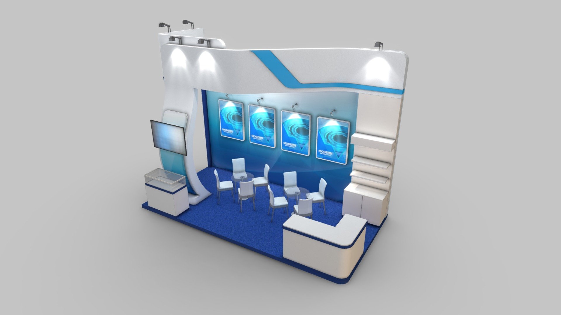EXHIBITION STAND ZZ 

18 sqm (6x3m) 





this model made using Autodesk 3Ds max 2018 / Vray 3.60.03 renderer




there are also save in Autodesk 3Ds max 2015 version / Default scanline renderer / without lighting and camera



format conversion:

1&gt; Fbx format





standart map texture (without lighting setup)




vray complete map texture (embed lighting texture map)



2&gt; Obj format





standart map texture (without lighting setup)




vray complete map texture (embed texture map)


 - EXHIBITION STAND ZZ 18 sqm - Buy Royalty Free 3D model by fasih.lisan 3d model