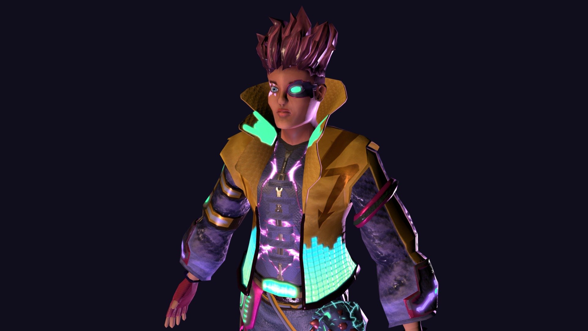 A school project that ive done recently, modelling and texturing a character. His name is ER, the protagonist who's in a rock and roll genre game who battles aliens in the distant future with music. I went crazy with the glow and vibrant colors to make him look cyberpunk and have a stylised retro look 3d model