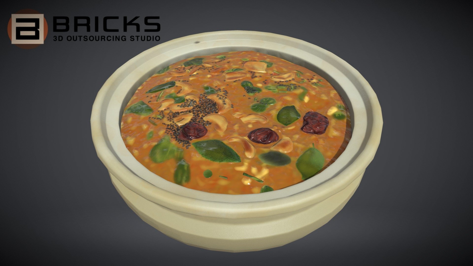PBR Food Asset:
BiseBeleBhath
Polycount: 2080
Vertex count: 1042
Texture Size: 2048px x 2048px
Normal: OpenGL

If you need any adjust in file please contact us: team@bricks3dstudio.com

Hire us: tringuyen@bricks3dstudio.com
Here is us: https://www.bricks3dstudio.com/
        https://www.artstation.com/bricksstudio
        https://www.facebook.com/Bricks3dstudio/
        https://www.linkedin.com/in/bricks-studio-b10462252/ - Bise Bele Bhath - Buy Royalty Free 3D model by Bricks Studio (@bricks3dstudio) 3d model
