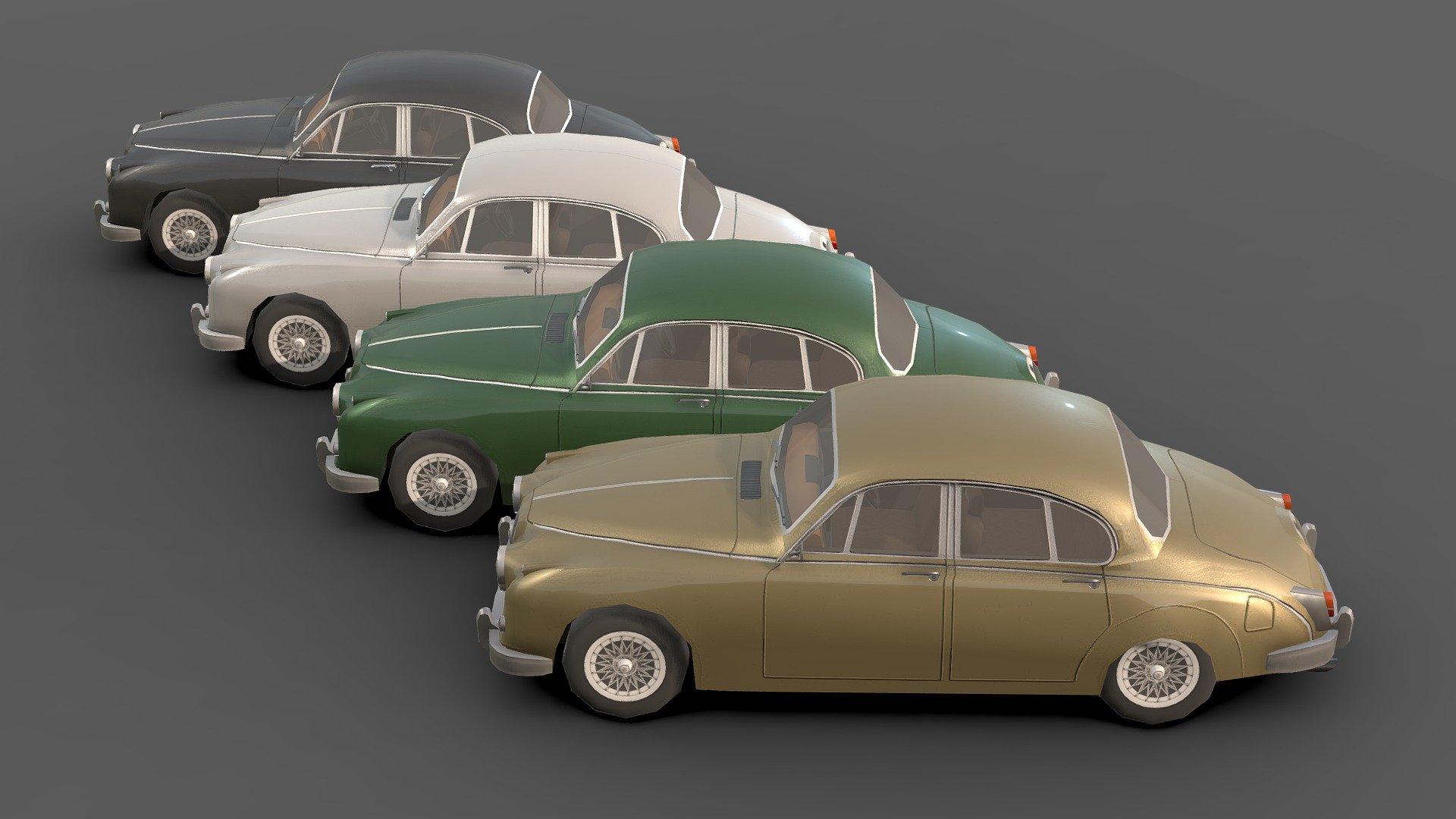 Classic Car # 1 .

You can use these models in any game and project.

This model is made with order and precision.

Separated parts (bodys . wheels . Steer ).

This car has 5 different colors.

Very Low- Poly.

The interior of this car is very low poly.

Average poly count: 5,000 tris.

Texture size: 2048 / 1024 / 512  (PNG).

It has a UV map texture.

Number of textures: 3.

Number of materials: 4.

Format: Fbx / Obj / 3DMax .

The original files are in the Additional file .

Wait for my new models.. Your friend (Sidra) 3d model