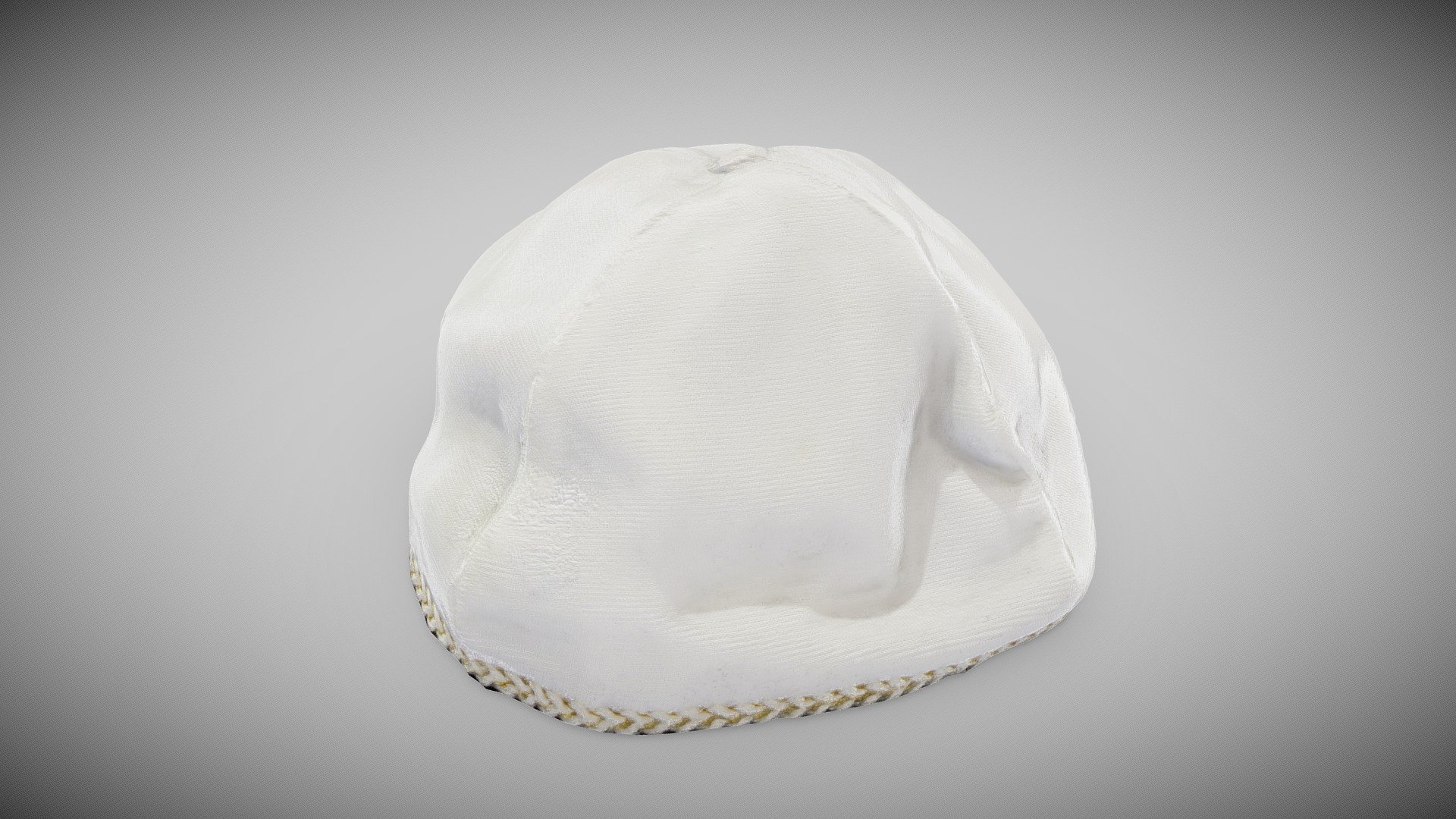 Full name: White kippah from the house of Szymon Kluger in Oświęcim, Poland

Known as a kippah or a yarmulke, it seems to be the most universally recognised symbol of Jewish religiosity and culture.  What is the origin of the custom of wearing this small brimless skullcap by Jewish men atop their head? The practice of covering only the crown of one’s head is not rooted in any Biblical or Talmudic precepts. Instead, its foundation lies in the description of the clothes of a high priest (Exodus 28:4, 36-39) or in the traditional headwear of Talmudic scholars in Babylonia. 

For more images and further information, visit: https://muzea.malopolska.pl/en/lista-obiektow/3008

Inventory number: MZ-335-O

Localisation of the physical object: Auschwitz Jewish Center, Oświęcim, Poland  

Digitalisation: Regional Digitalisation Lab, Małopolska Institute of Culture in Kraków, Poland; “Virtual Museums of Małopolska” project - White kippah from the house of Szymon Kluger - Download Free 3D model by Virtual Museums of Małopolska (@WirtualneMuzeaMalopolski) 3d model