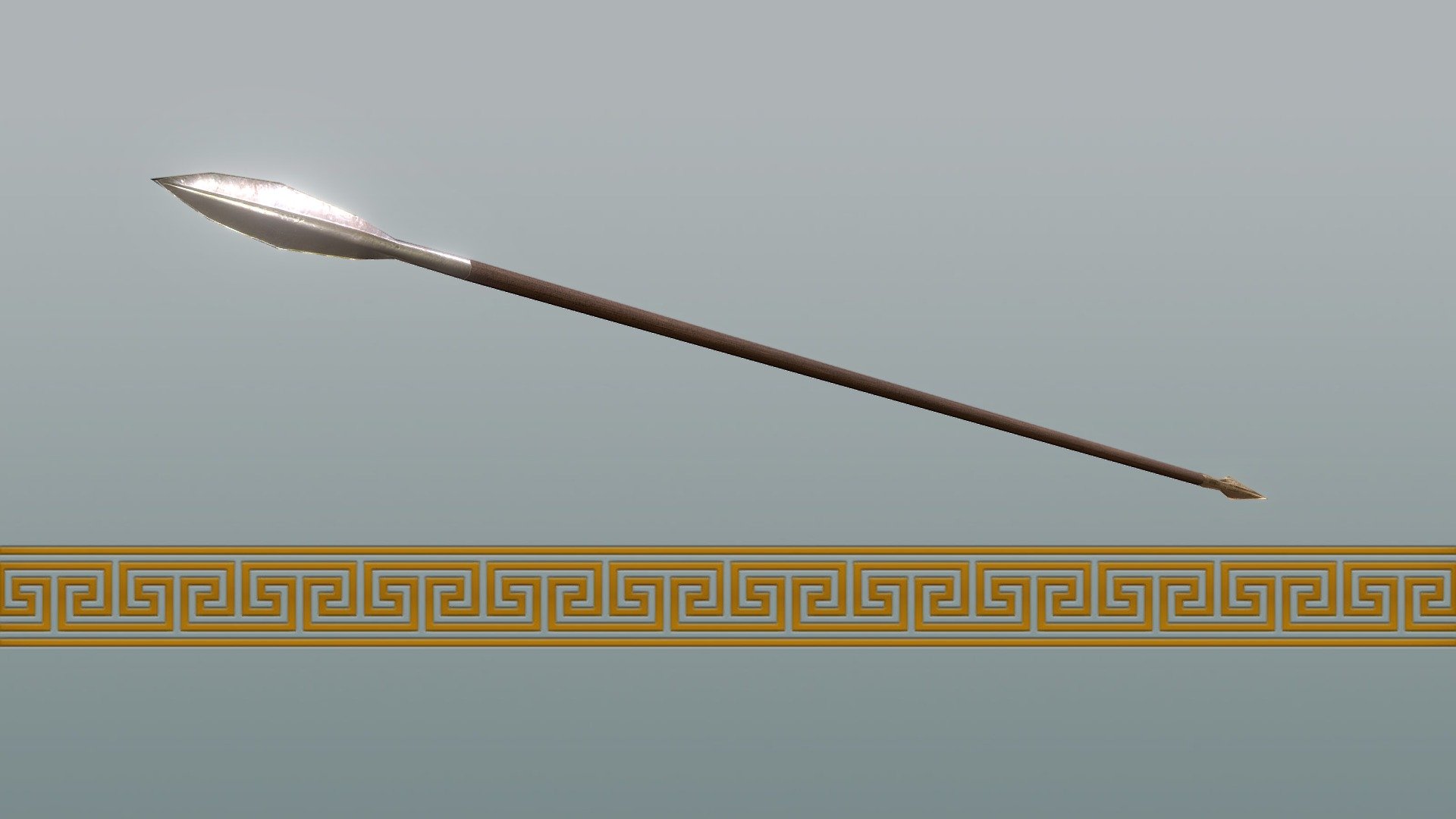 This is the spear used by an ancient Greek soldier. The head is made of iron, and the &ldquo;butt spike