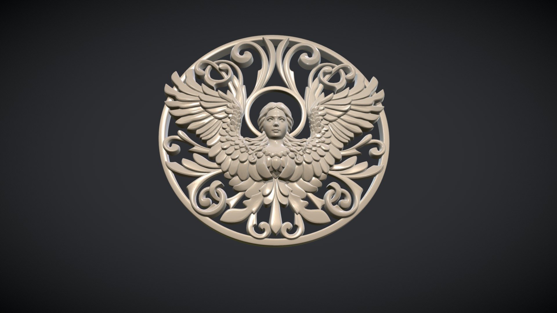 Angel relief with scroll work.

I think a pendant or a brooch or something else can be made out of this model.

Measure units are millimeters, it is about 4 cm in diameter.

Mesh is manifold, no holes, no bad contiguous edges.

The model consists of 457221 triangular faces and 228449 vertices.

Here is two version of the file:

1) Angel_II.(.blend, .stl, .obj, .fbx) contains the angel without circle.

2) Angel_II_crcl.(.blend, .stl, .obj, .fbx) contains the angel with circle.

Available formats: .blend, .stl, .obj, .fbx - Angel II - Buy Royalty Free 3D model by Skazok 3d model