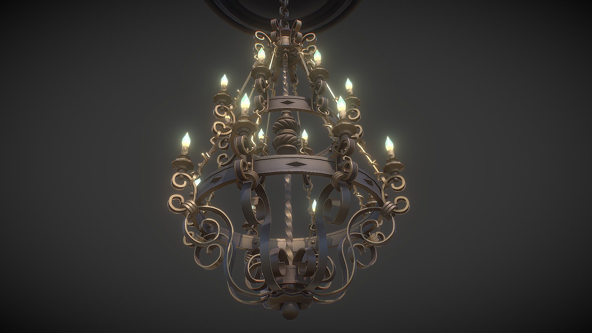 Hello. This is a high definition quality polygon of a Forged_chandelier 3D Model with PBR textures. Extremely detailed and realistic. Suitable for movie prop, architectural visualizations, advertising renders and other. The archive includes Obj and FBX, Marmoset scene, textures for the Unity: Base color, Height, Metallic, Mixed AO, Normal_OpenGL, Roughness. And also included in the archive textures for UE: BaseColor, Normal, OcclusionRoughnessMetallic. All textures are 4k resolution. The number of materials corresponds to the number of main objects in the scene. The model contains 2 object: Forged_chandelier, Forged_chandelier_light. If you need, we will make a file of this model for 3D printing especially for you 3d model