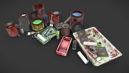 Paint Set tape, exterior, paint, cover, painting, can, item, tray, ruined, sheet, dirty, platter, brush, metal, props, old, dusty, adhesive, thinner, realistic-textures, substancepainter, game, 3dsmax, lowpoly, wood, gamemodel, bottle, gameready, environment, spraybottle, sandpaper