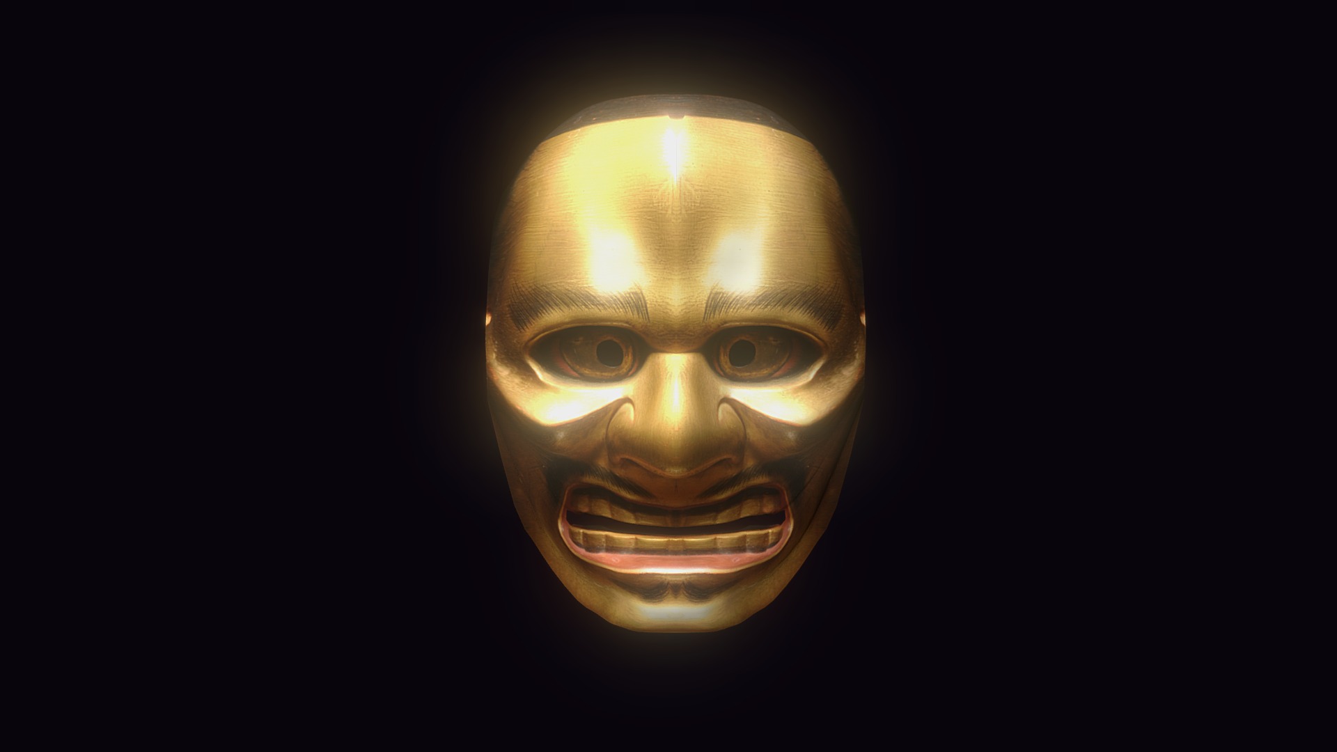A noh mask noumen 能面 representing the God of Thunder. Great metallic gold eyeballs with large holes as pupils beneath a sharp ridge of the eyebrows dominate the mask. The eyes are lined with blue and vermillion paint. The wide-open mouth stretching across the face to expose long rows of the upper and lower teeth, the tightly bulging cheeks, and a large, flat nose create a mighty expression. Except for the black crown that lies at the top of the mask, the entire mask is painted in gold. Can replace ootobide 大飛出 to depict the God of Thunder or in the play KUZU 国栖 where the unusual features of the mask are suitable to depict a buddha. The Umewaka 梅若 family possess a good example attributed to Deme Yuukan Mitsuyasu 出目友閑満庸(d. 1652) 3d model